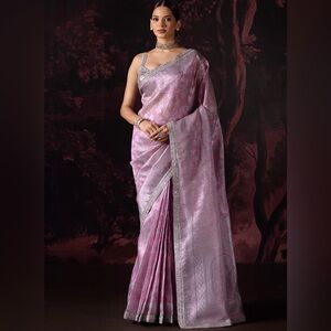 Lashkaraa Pink Embroidered Tissue Saree Size XXS (32) NEW